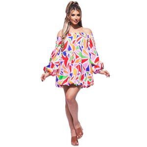 Pink 🌸 Plus Size Off-Shoulder Balloon Sleeve Mini Dress – Vibrant & Flowy 🌸